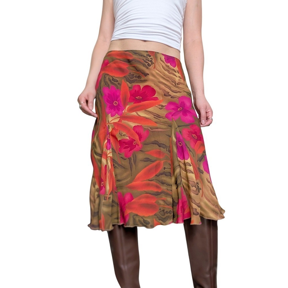 Versailles Vintage 90s Whimsy Euro Summer Floral Tiger Tropical Flowy Midi Skirt